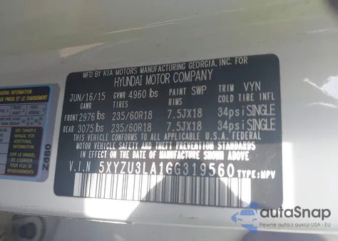 2016 Hyundai Santa Fe Sport 2.0L Turbo z USA, uszkodzony, nr VIN 5XYZU3LA1GG319560